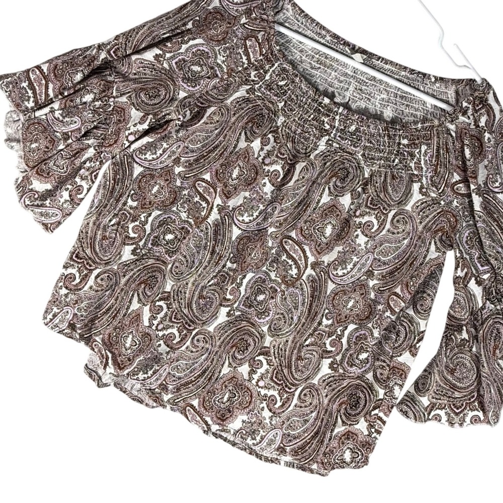 Est. 1946 Boho Paisley Peasant Top L Off Shoulder Bell‎ Smocked Festival Rayon